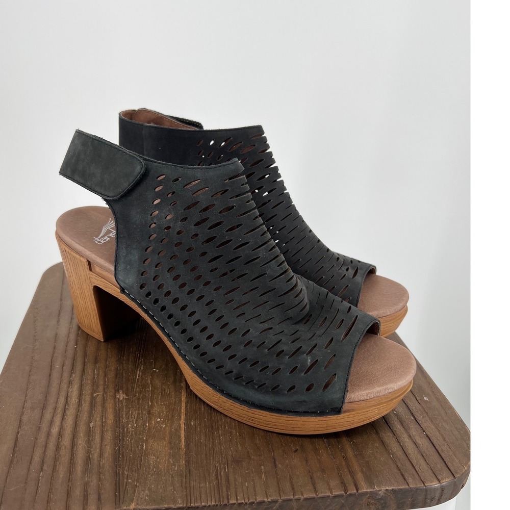 Dansko Tiffani Black Leather Perforated Slingback Block Heel Sandals Size 42